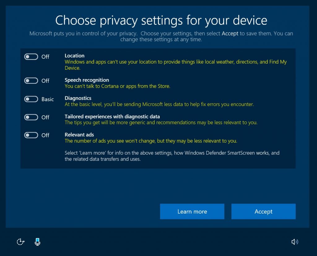 The new privacy settings window.