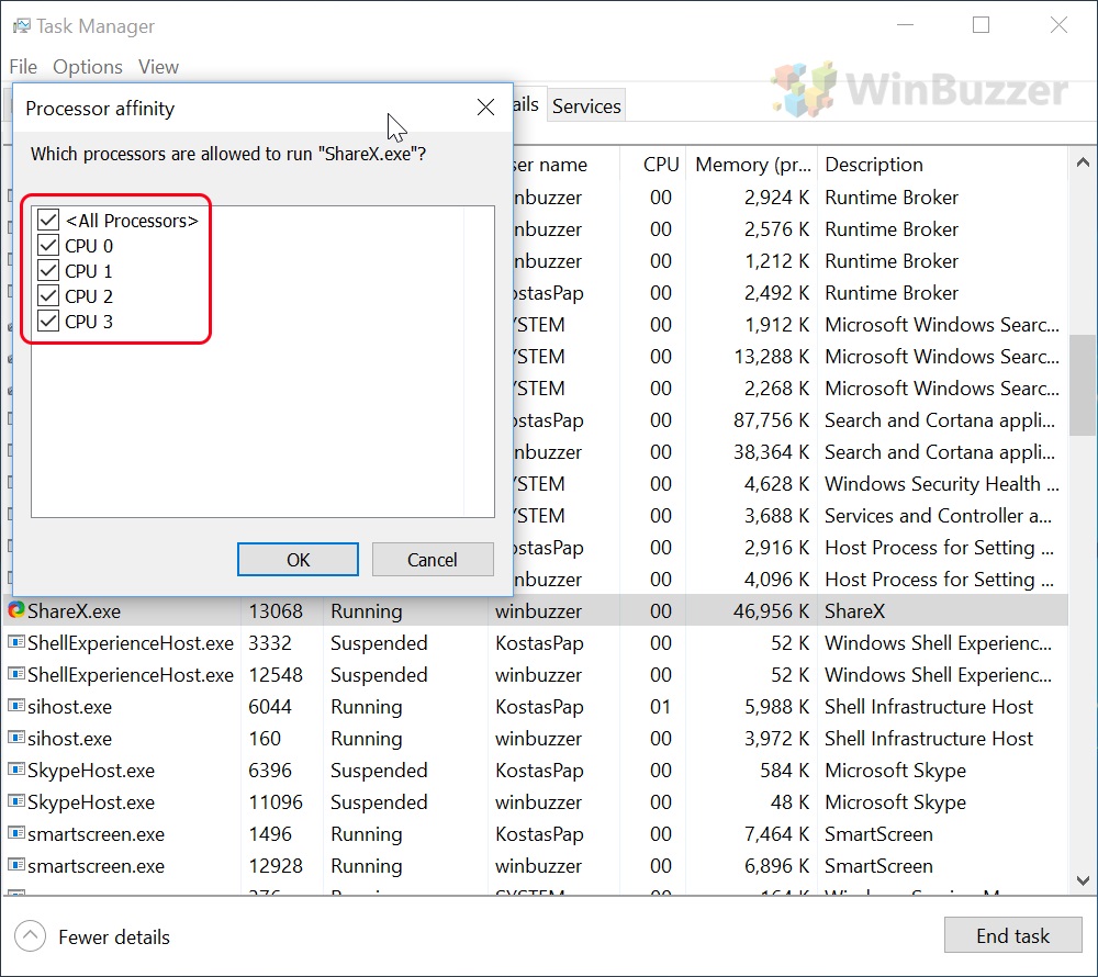 process affinity not being set