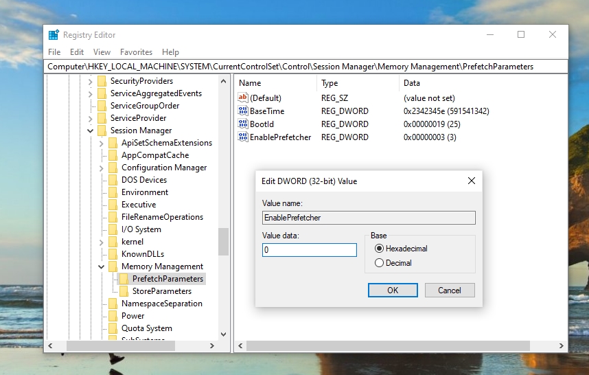 Windows 10 - Registry Editor - Disable Prefetch