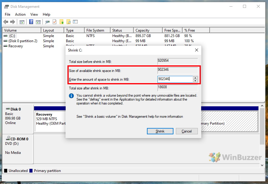Windows 10 - Disk Management - Shrink Volume - Volume Size