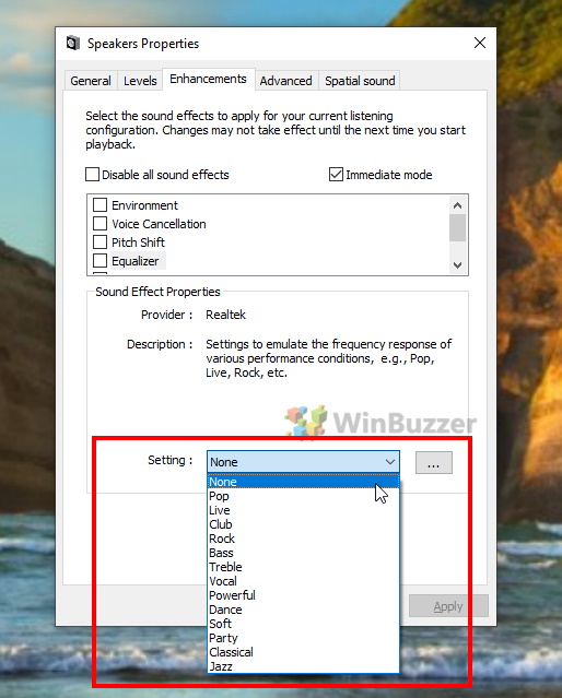 Windows 10 - Speakers properties - Enhancements - Setting