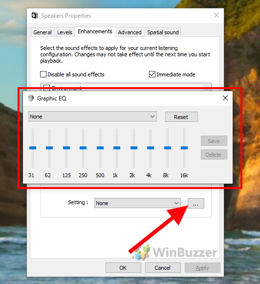 Windows 10 - Speakers properties - Enhancements - Graphic Equalizer