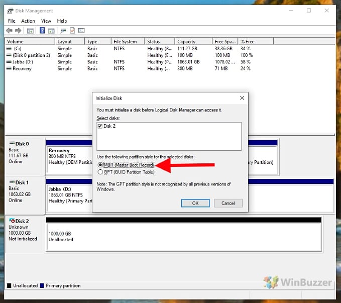 Windows 10 - Disk Management - selectați partition style