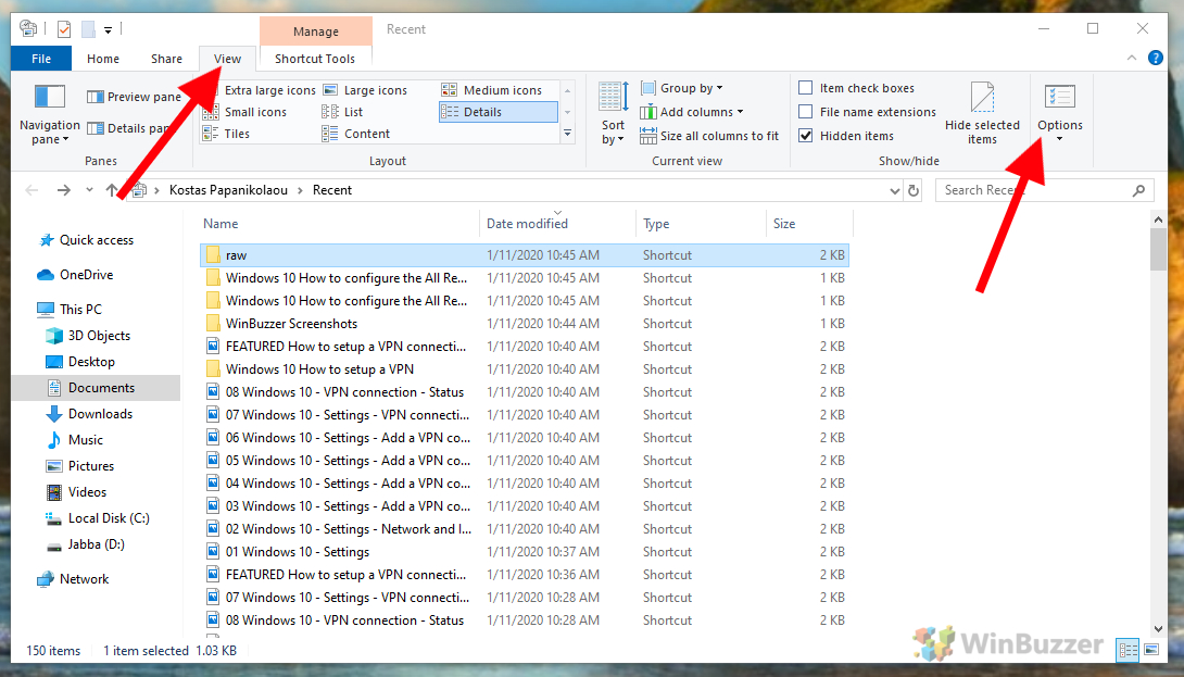 Windows 10 - File Explorer - Folder options
