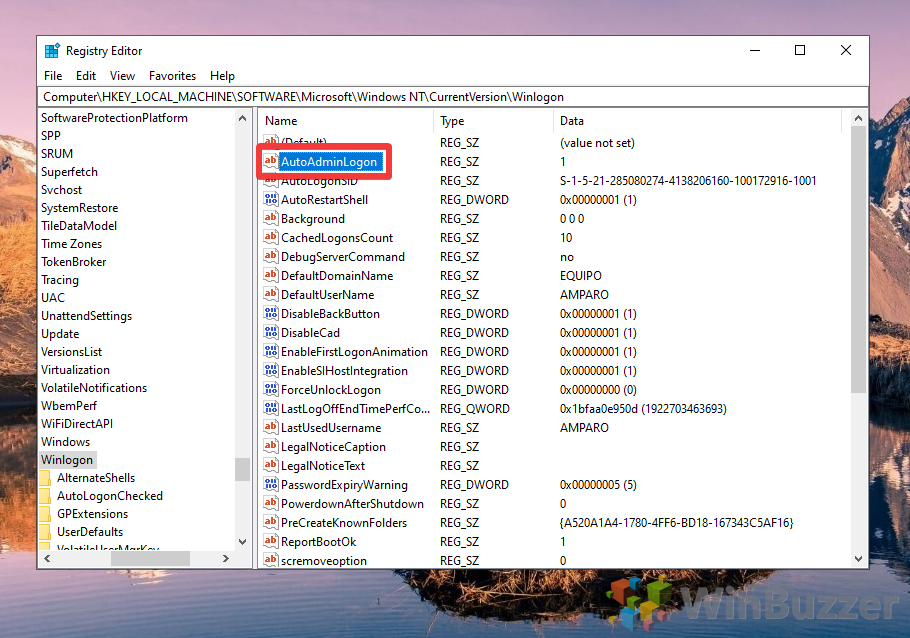 Windows 10 - Regedit - Winlogon - Open AutoAdminLogon