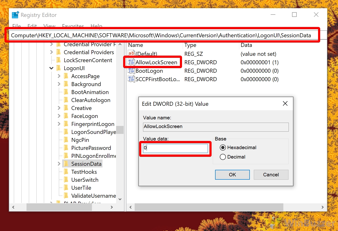 Windows 10 - registry editor - AllowLockScreen
