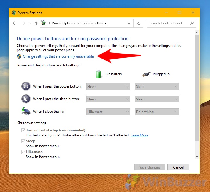 Windows 10 - Control Panel - Define power buttons and turn off password protection