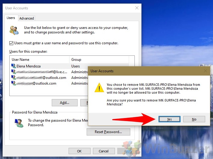 Windows 10 - Netplwiz - User Accounts - Remove - Confirm