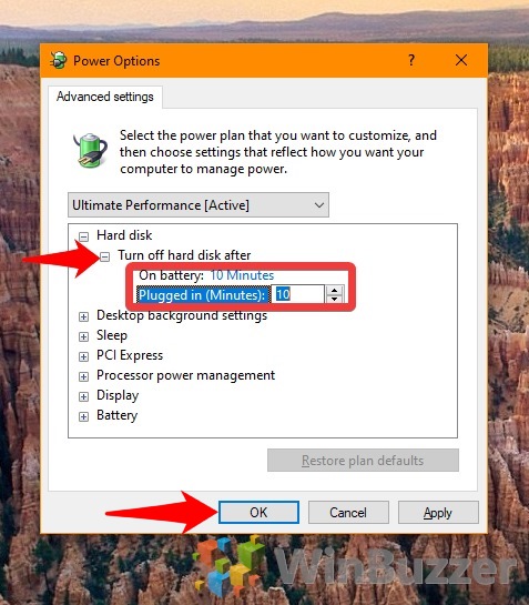 Windows 10 - Power Options -Change Advanced Power Settings - Turn off hard disk after 10 minutes