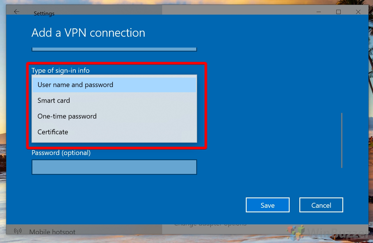 Windows 10 - Settings Add a VPN connection - Type of sign-in info