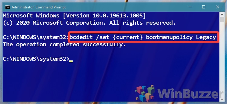 Windows 10 - Command Prompt - bcdedit bootmenupolicy legacy