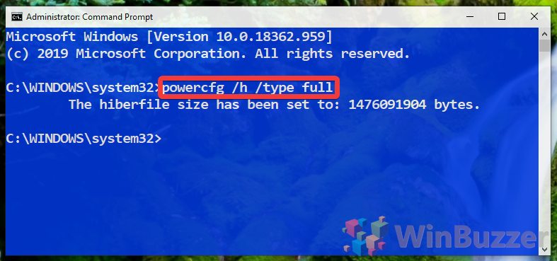 Windows 10 - Elevated Command Prompt - Copy the Hiberfile Type Full Command