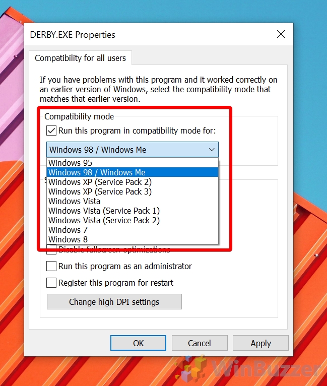Windows 10 - File - Properties - Compatibility Mode