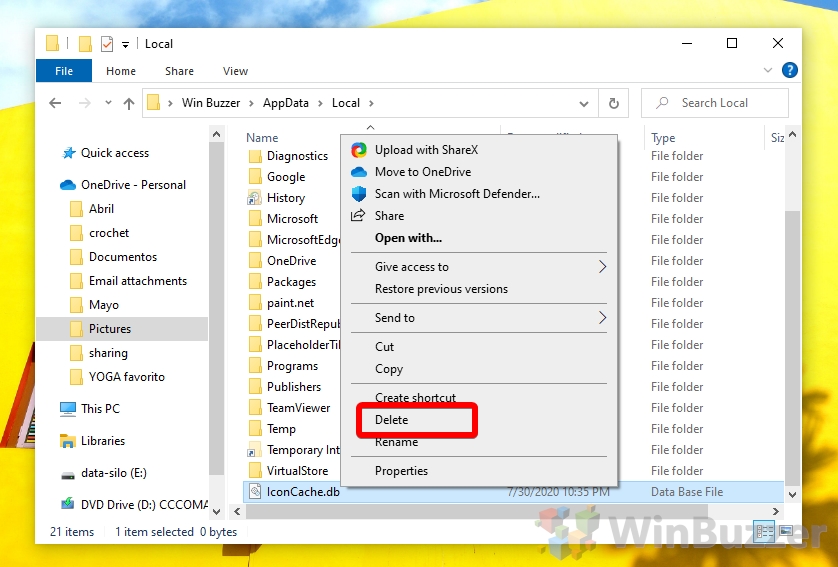 Windows 10 - File Explorer - Appdata - Local - Delete IconCache.db