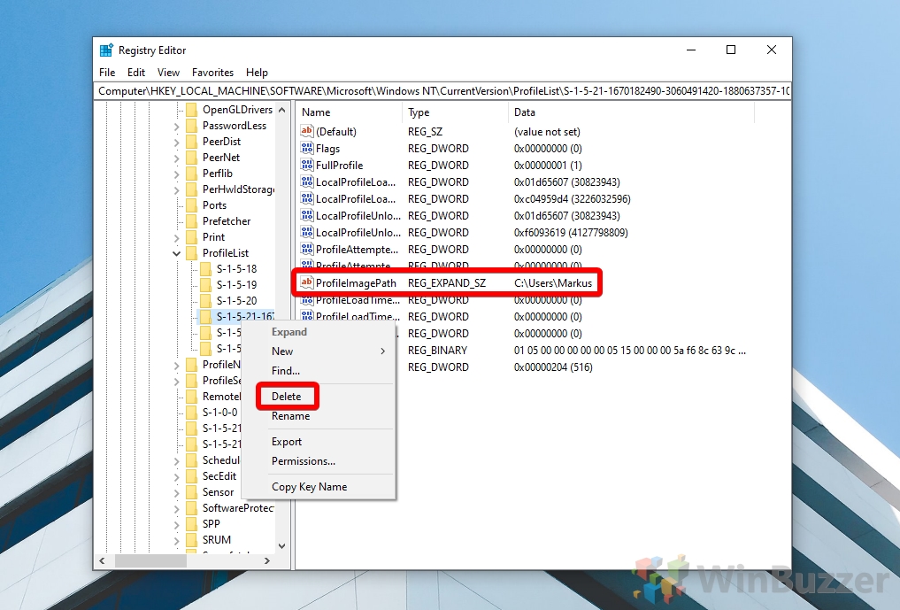 delete user profile windows 10 registry