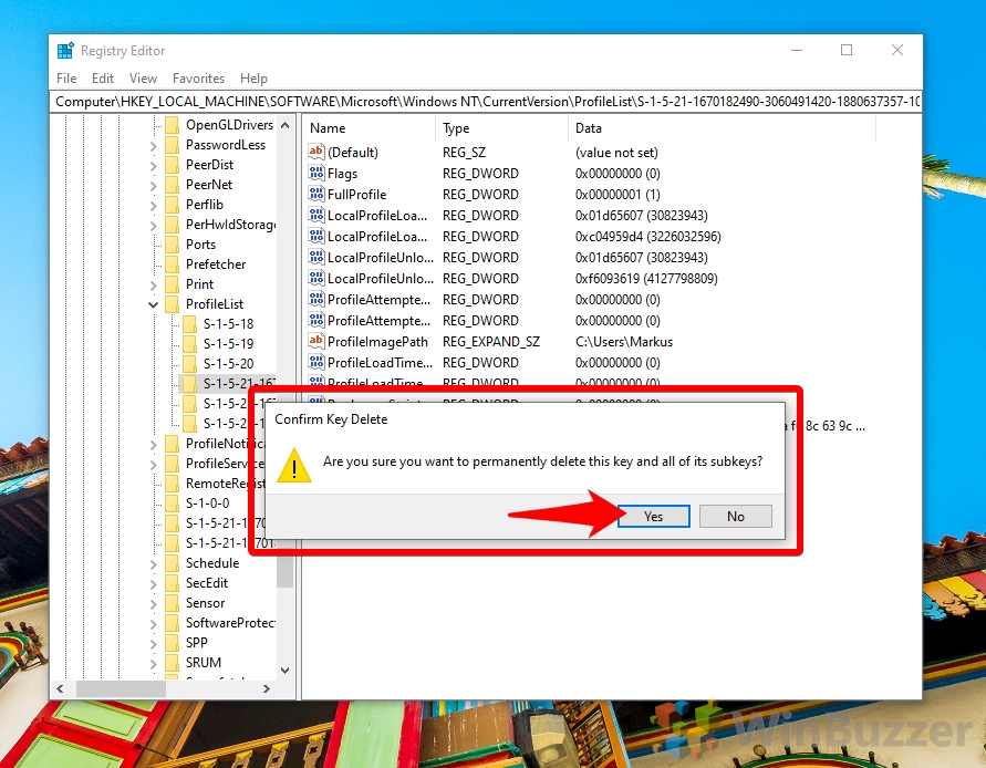 Windows 10 - Regedit - User Profile - Confirm Delete