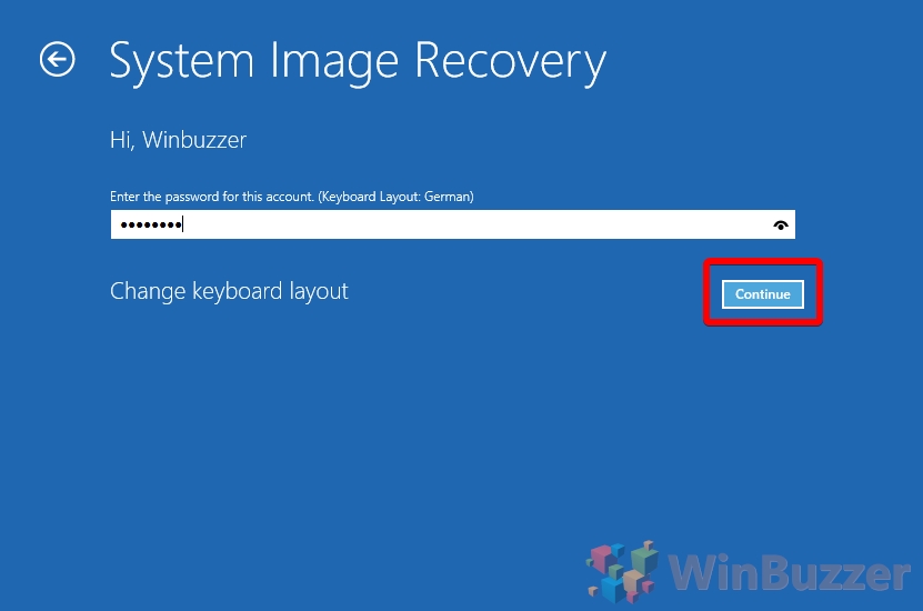 Windows 10 - System Image Recovery - Enter Password