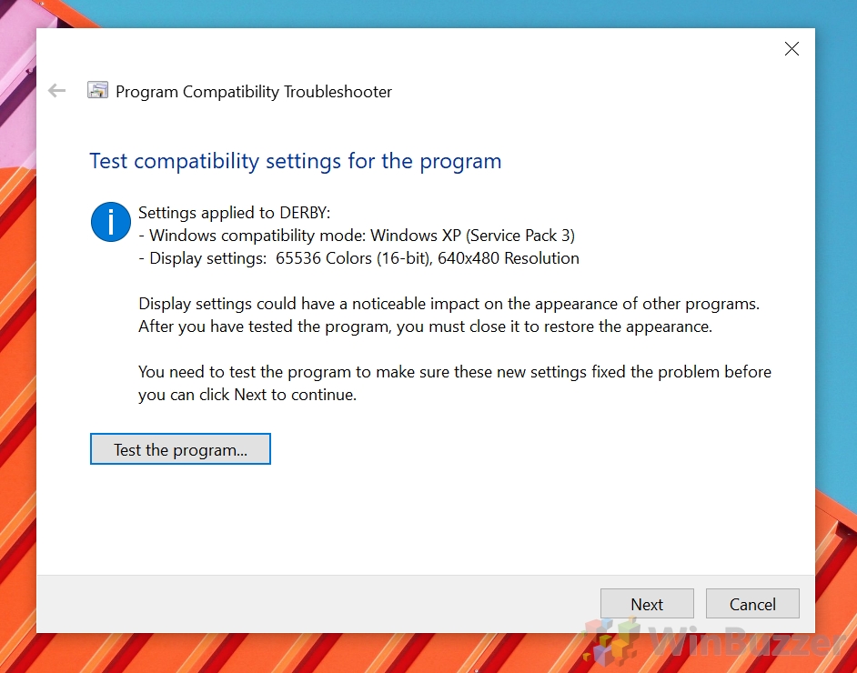 Windows 10 - Troubleshoot Compatibility - Manual Mode - Test