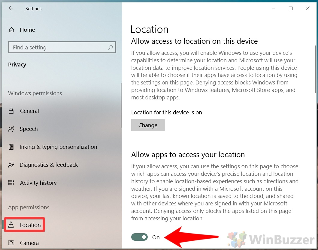 Windows 10 - Settings - Privacy - Location - Allow Apps - On