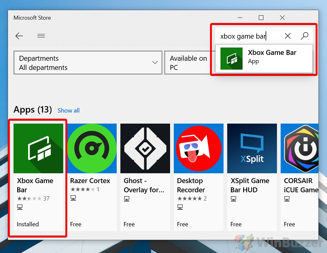 Windows 10 - Microsoft Store - Search Xbox Game Bar