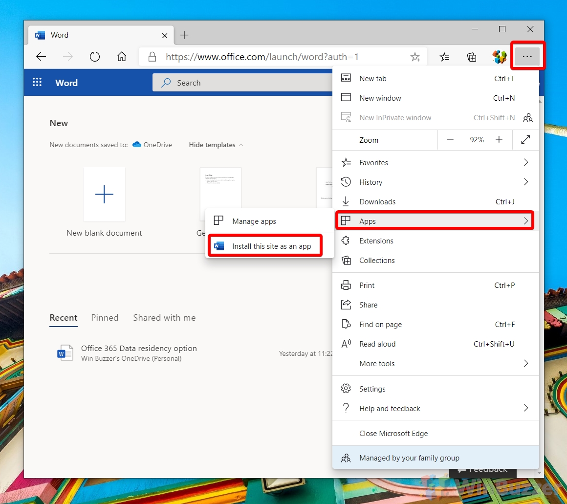 Windows 10 - Install Word Online as an App