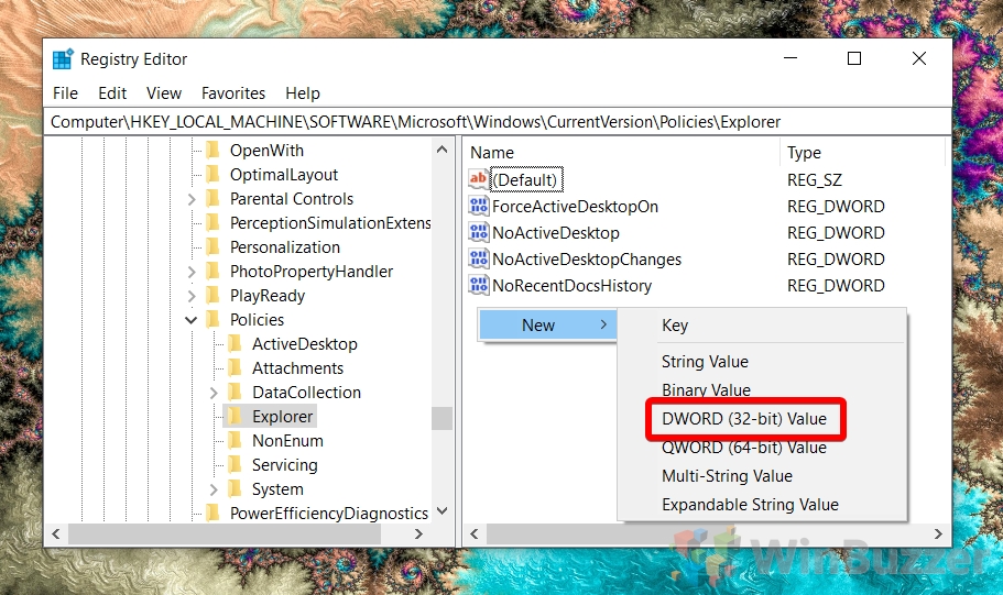 Windows 10 - gpedit - HKEY_LOCAL_MACHINE CurrentVersionPoliciesExplorer - new dword