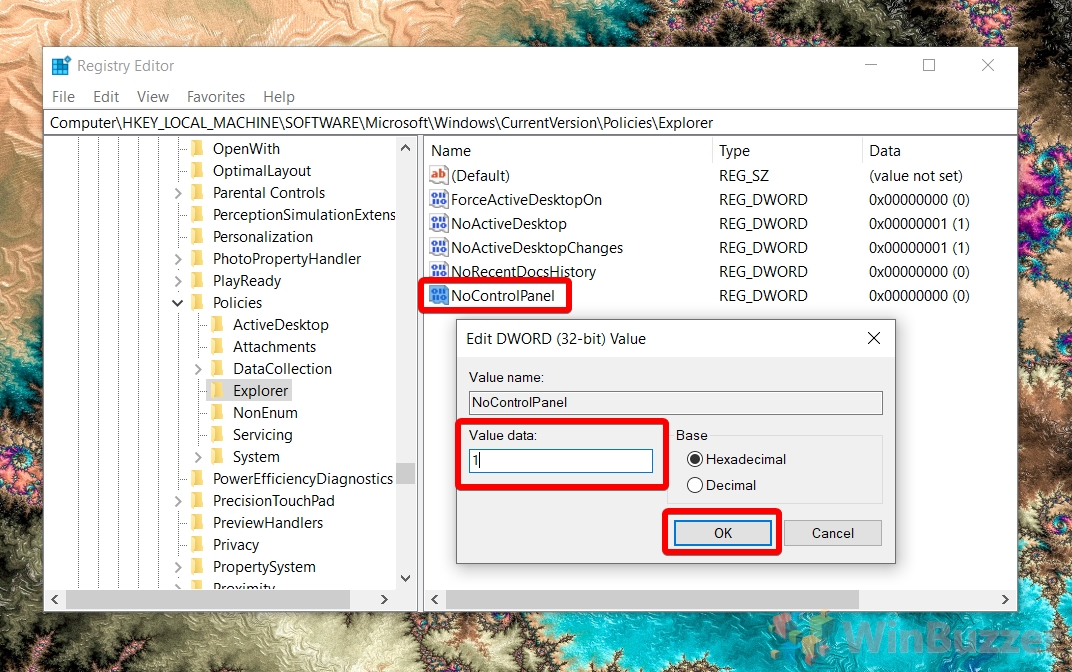 Windows 10 - regedit - local machine -CurrentVersionPoliciesExplorer - NoControlPanel