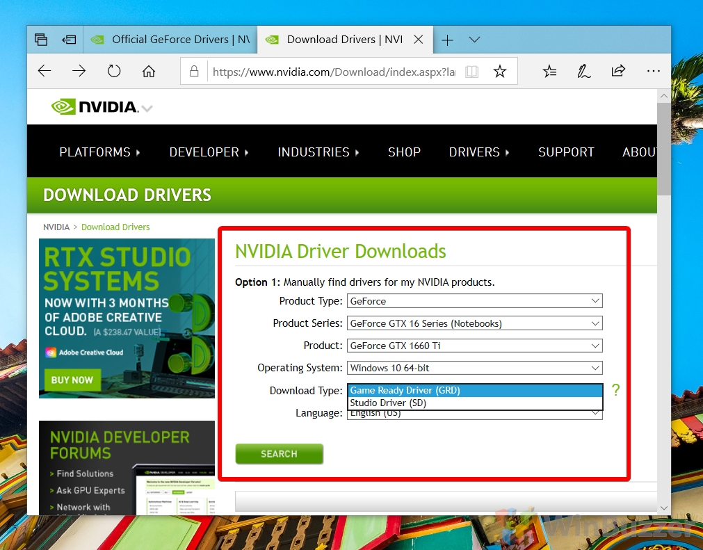Nvidia Driver Downloads - Select GPU model and download type