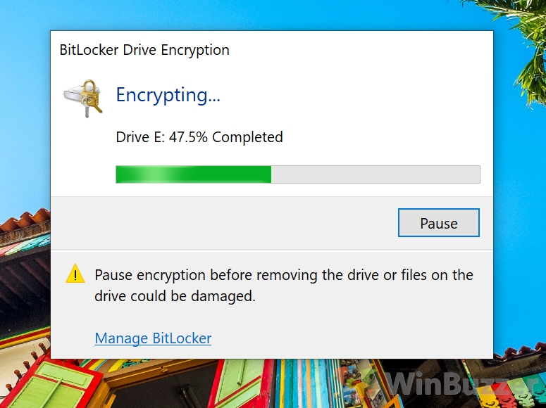 Windows 10 - Turn On Bitlocker To Go - Encryption Progress