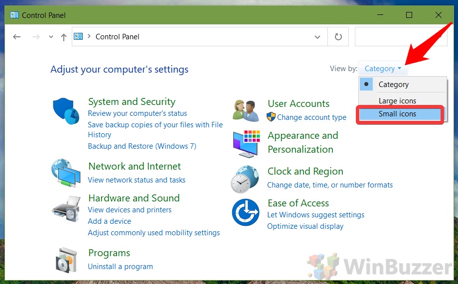Windows 10 - Control Panel - Open Samall Icons Category
