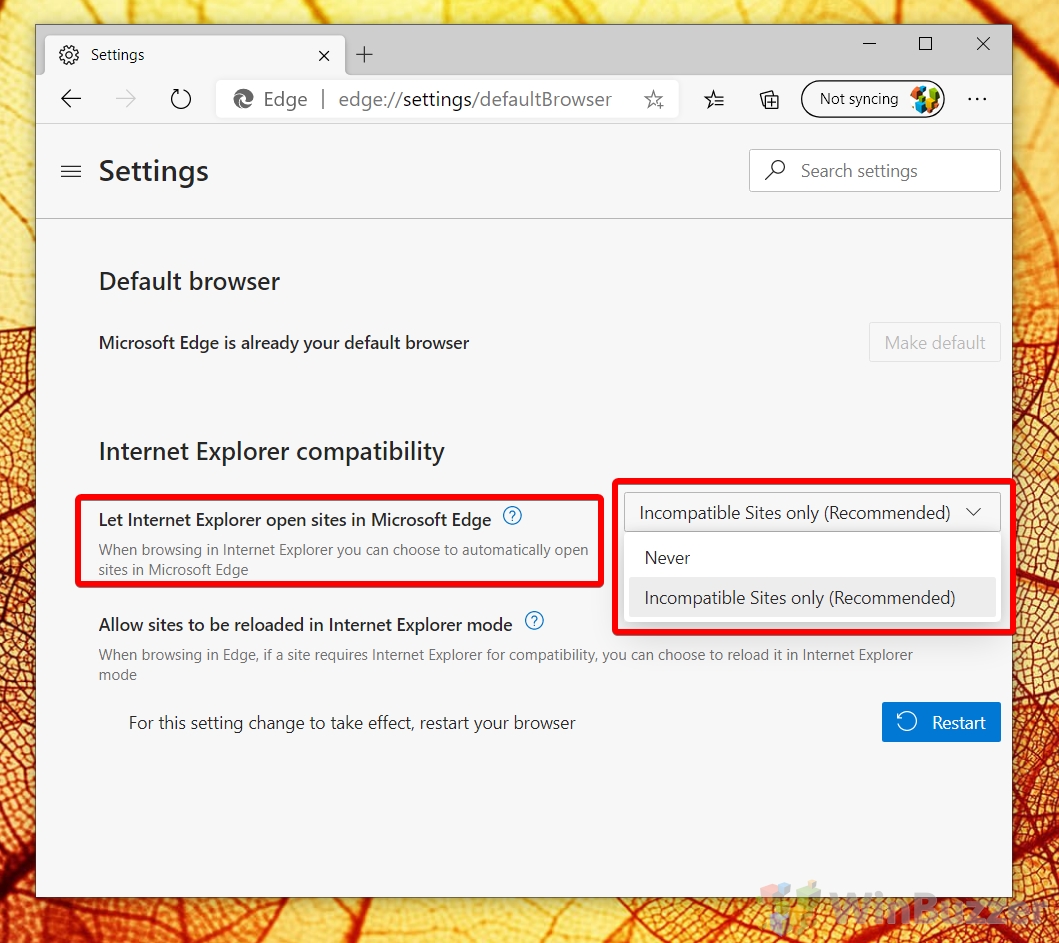 Microsoft Edge - Settings - Default Browser - IE Mode auto-activation