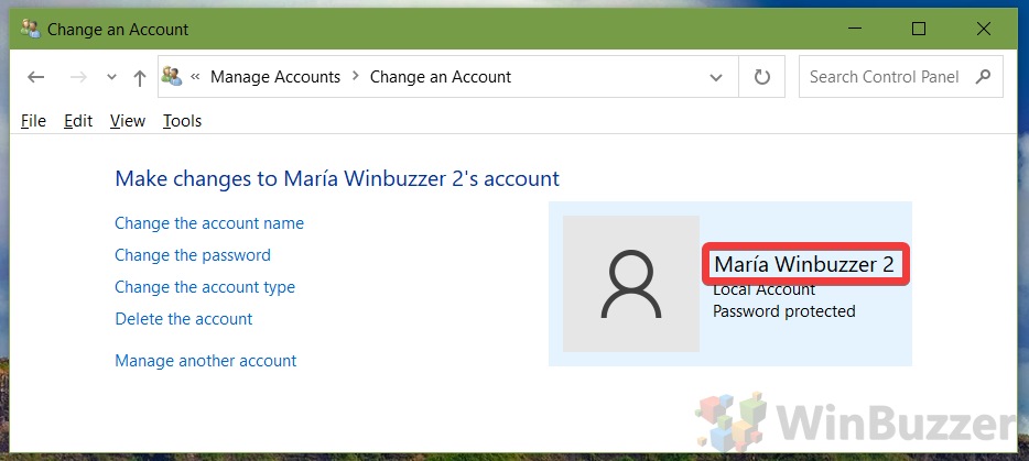 Windows 10 - Control Panel - User Accounts -Manage an Account - Choose the User - Change the Account Name - Rename Account - Account Renamed