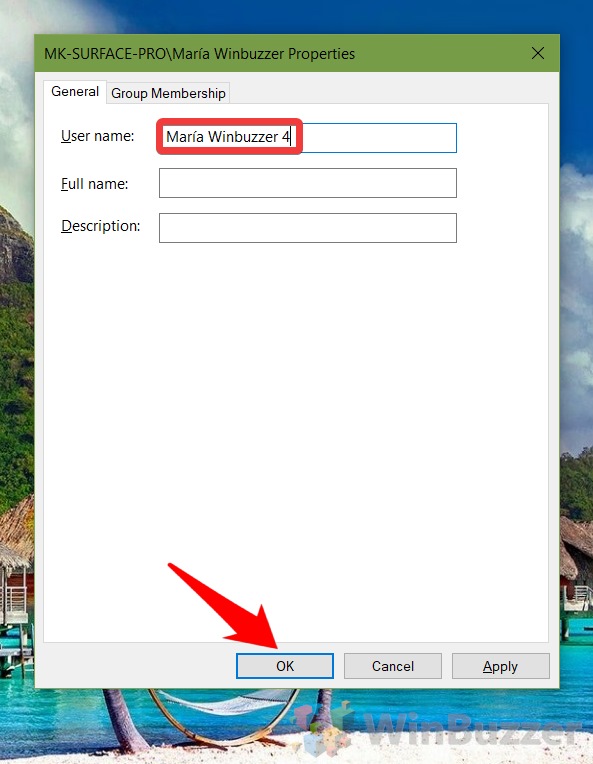 Windows 10 - Run Dialog -Netplwiz - User Name Properties - New Name