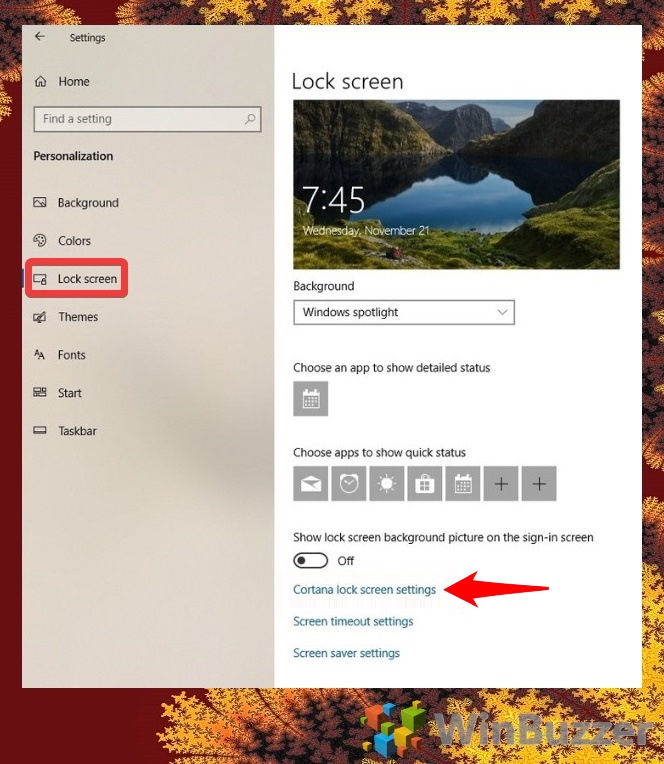 Windows 10 - Settings - Personalization - Lock Screen - Open Cortana Lock Screen Settings