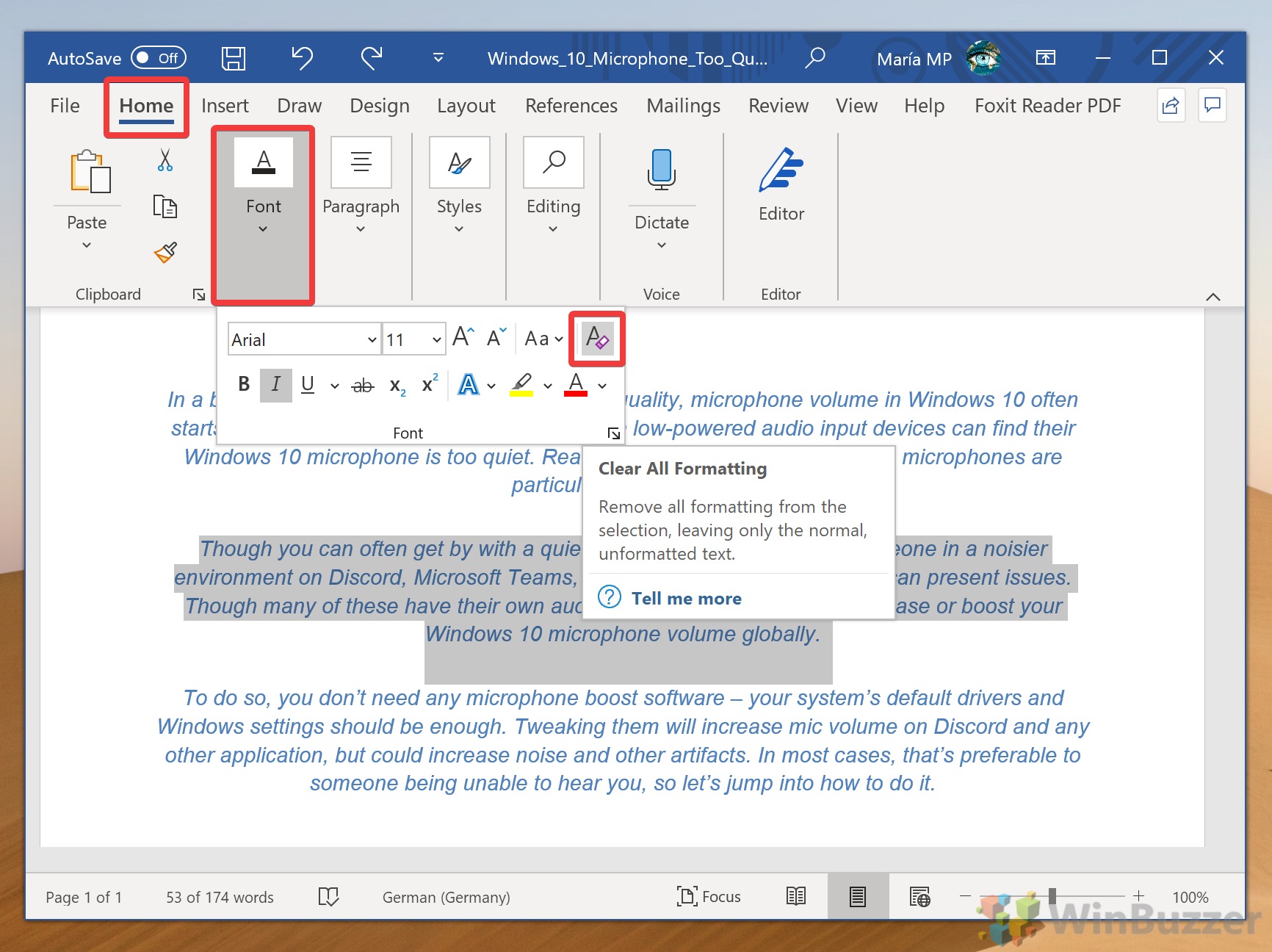 how to clear text formatting in word 2010