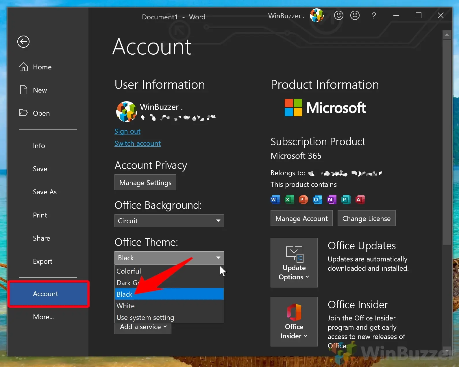 Windows 10 - Word - File - Account - Office Theme - Black