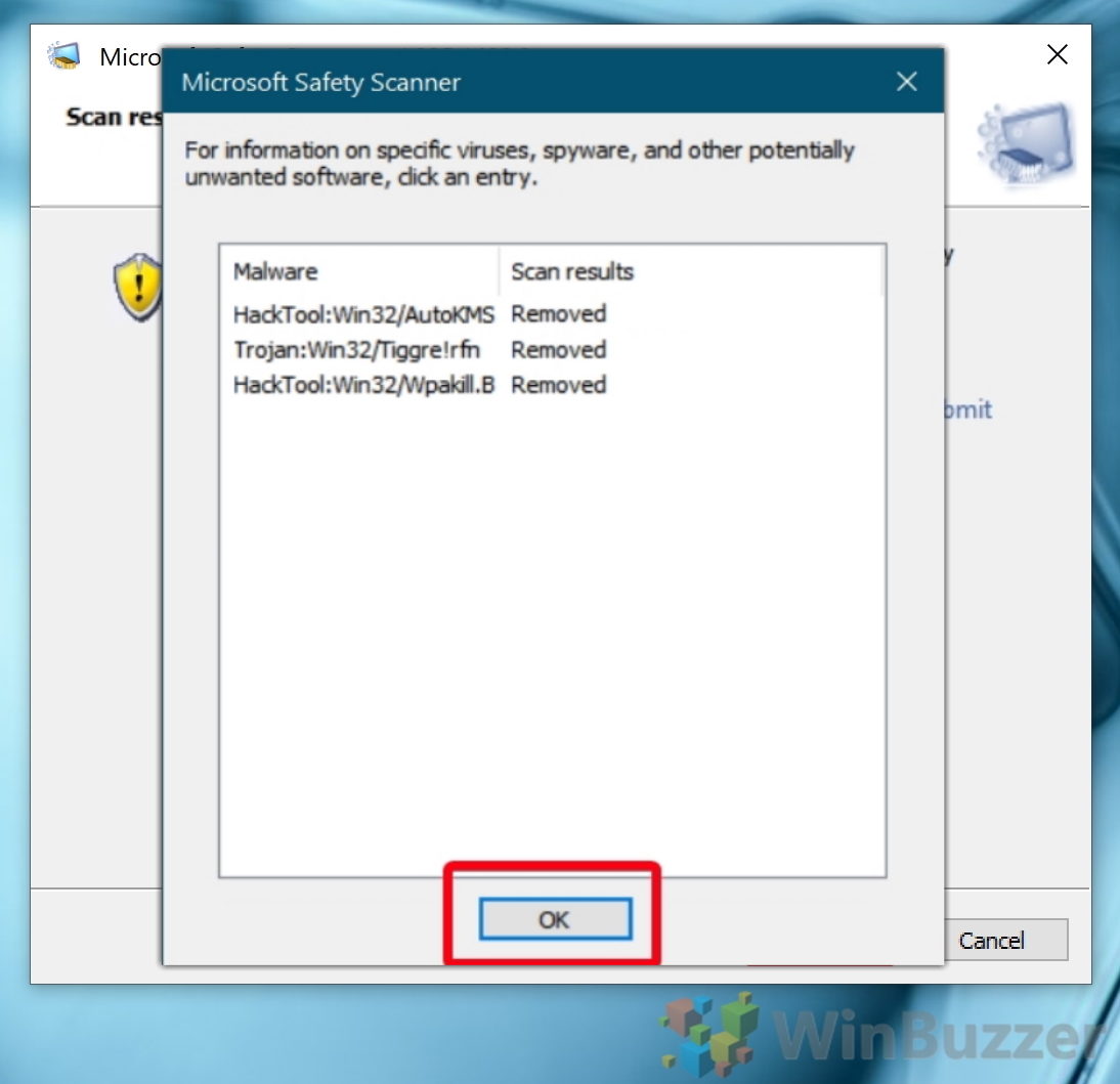 Windows 10 - Download Link - Microsoft Safety Scanner - Scan results