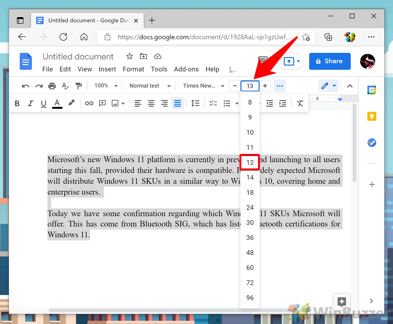 Windows 10 - Google Docs - Highlight Text - Font Size Drop Down Menu - Select Default Size