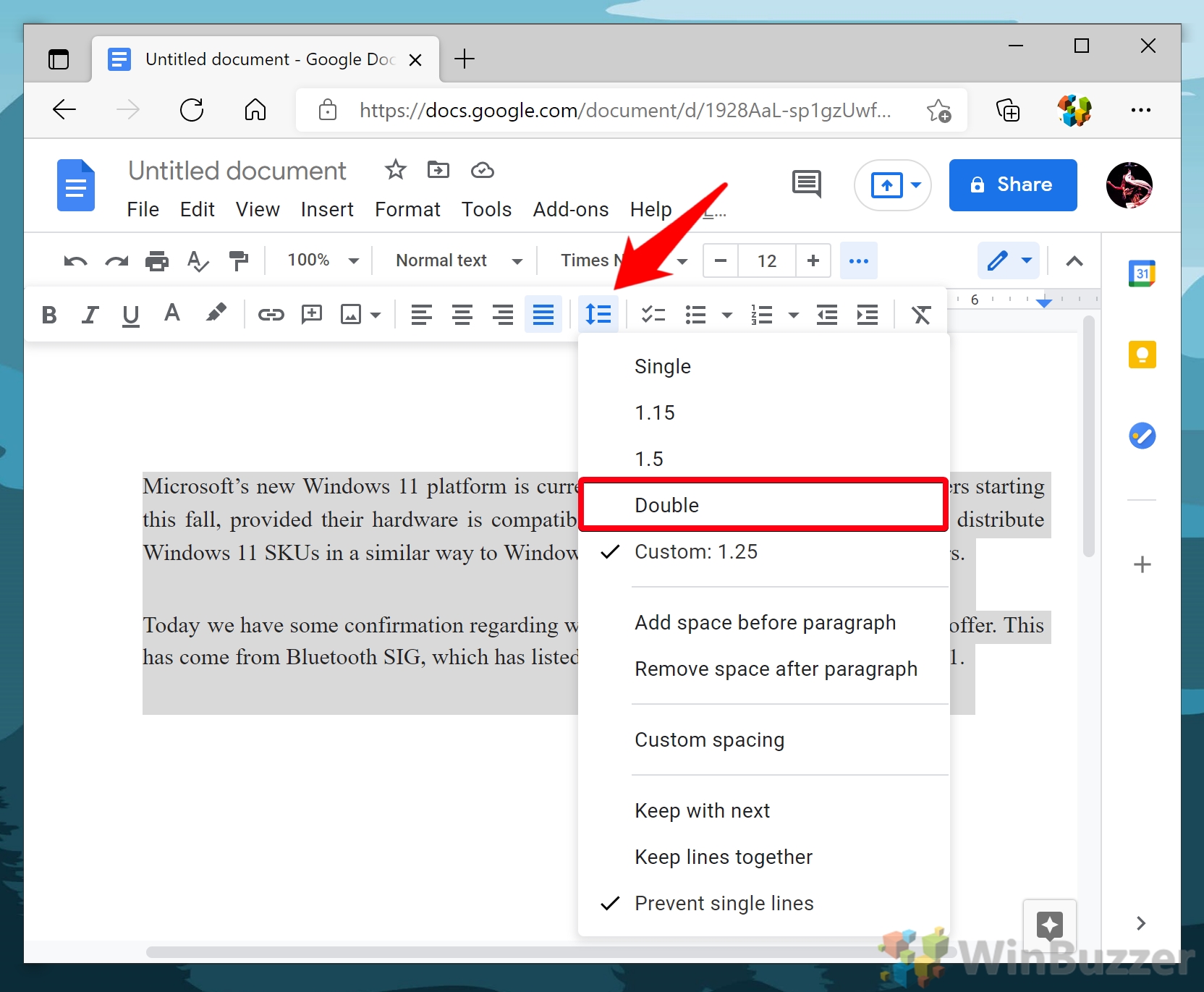 Windows 10 - Google Docs - Highlight Text - Line Spacing Drop Down Menu - Select Default Line Spacing