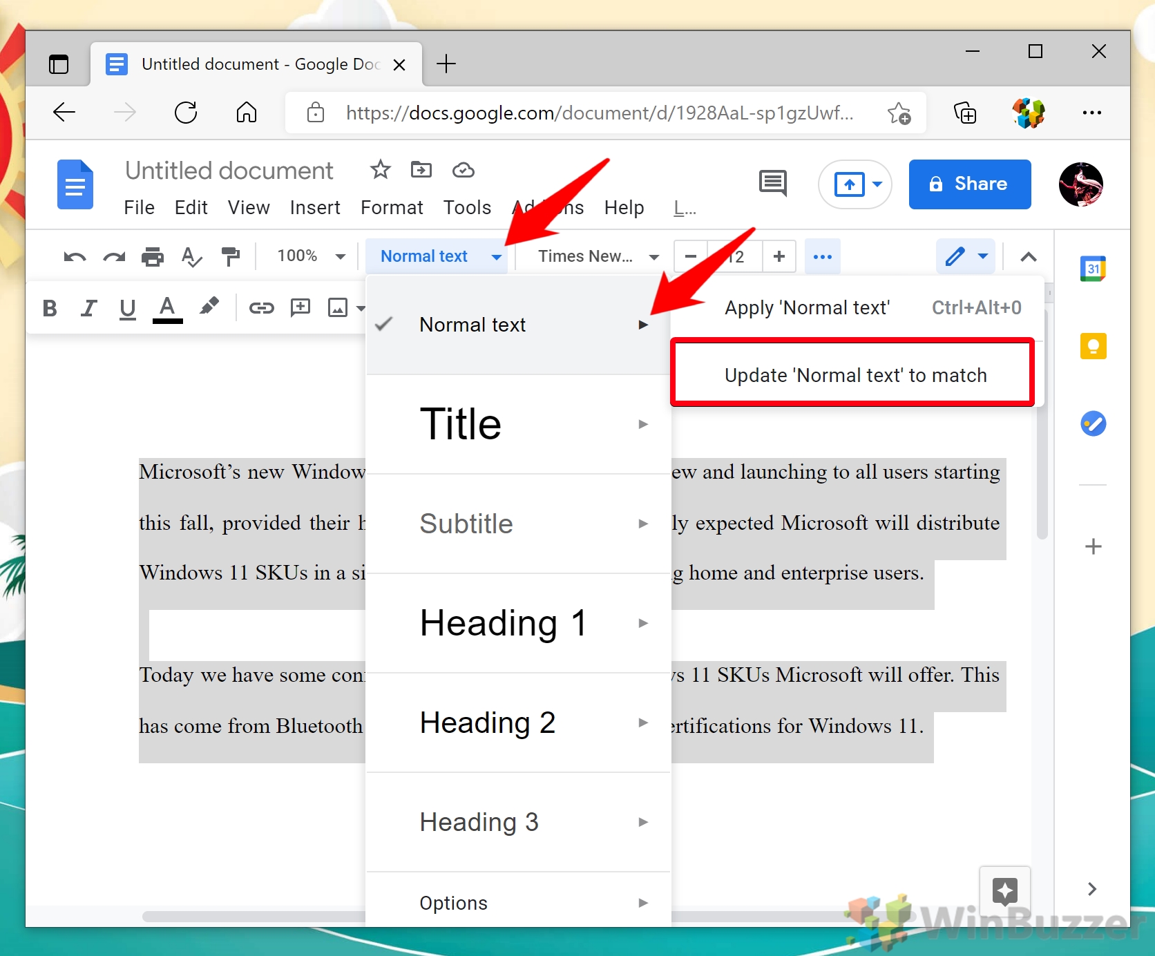 Windows 10 - Google Docs - Highlight Text - Normal Text - Update Normal Text to Match