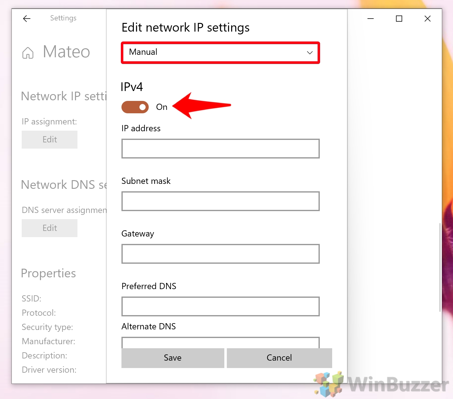 Windows 10 - Settings - Network & Internet - Wifi - Edit IP Assignment - Manual