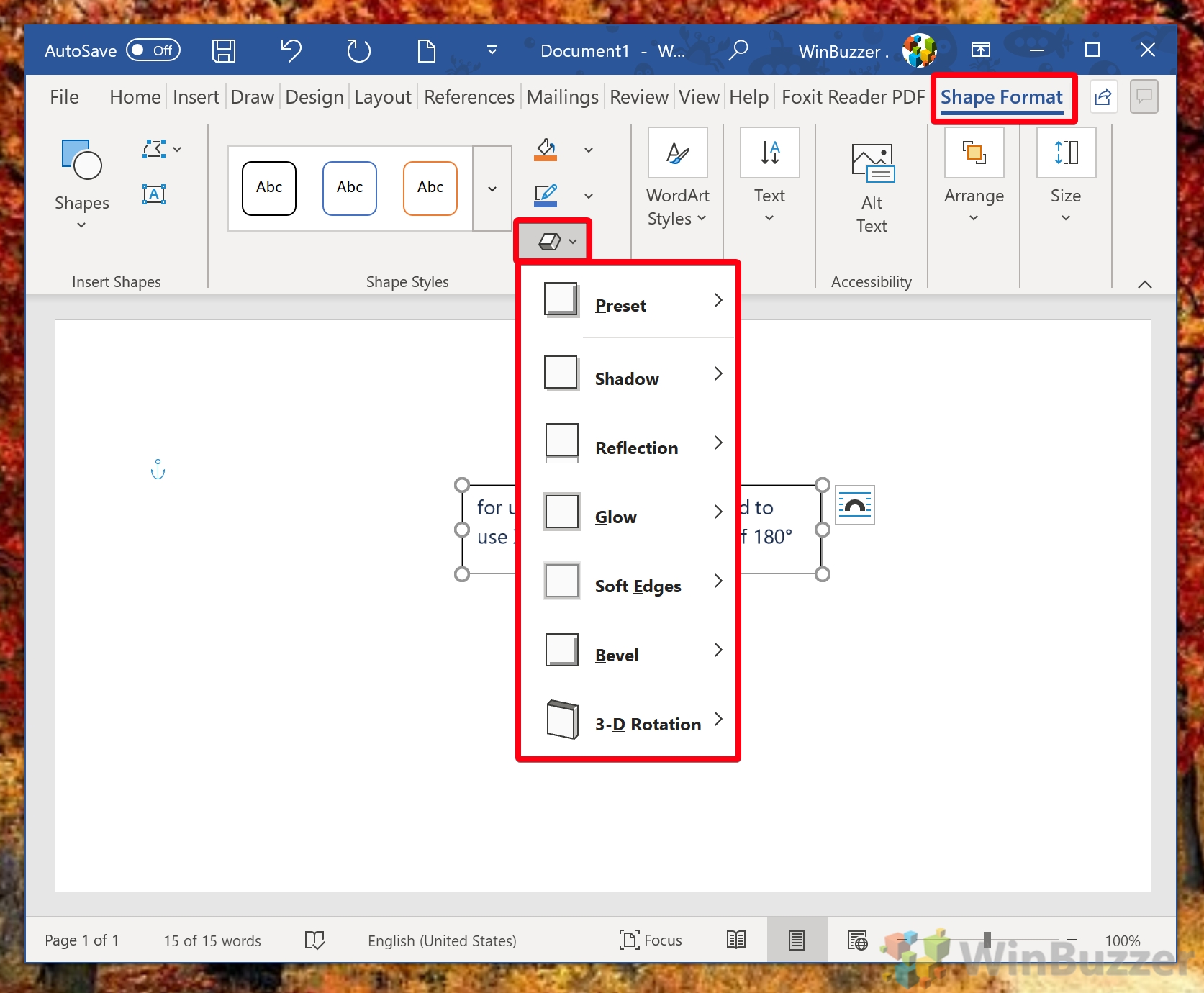 Windows 10 - Word - Shape Format - Shape Effects