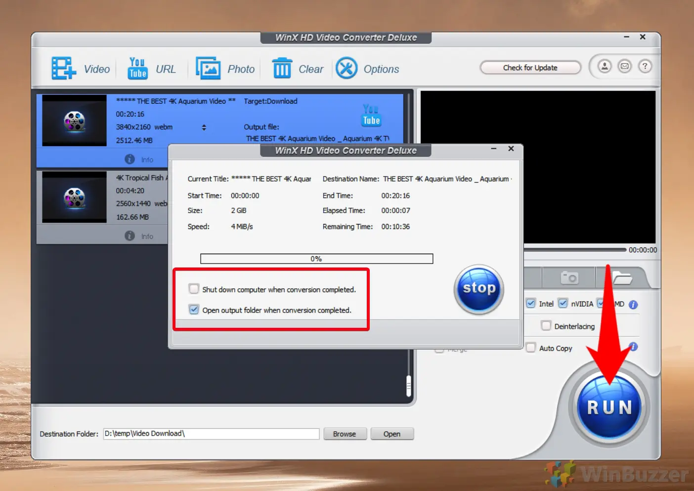 WinX HD Video Converter Deluxe - download and conversion status