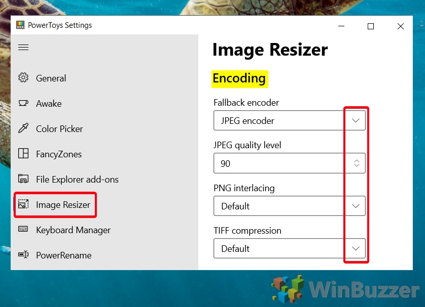 Windows 10 - PowerToys - Image Resizer - Encoding - Select Preferences