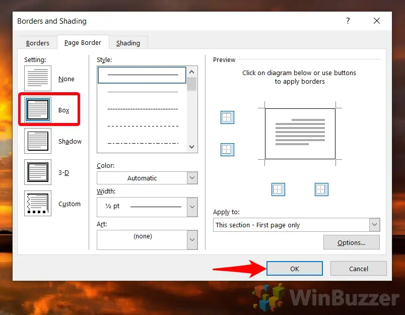 Windows 10 - Word - Design - Page Borders - Box - Accept