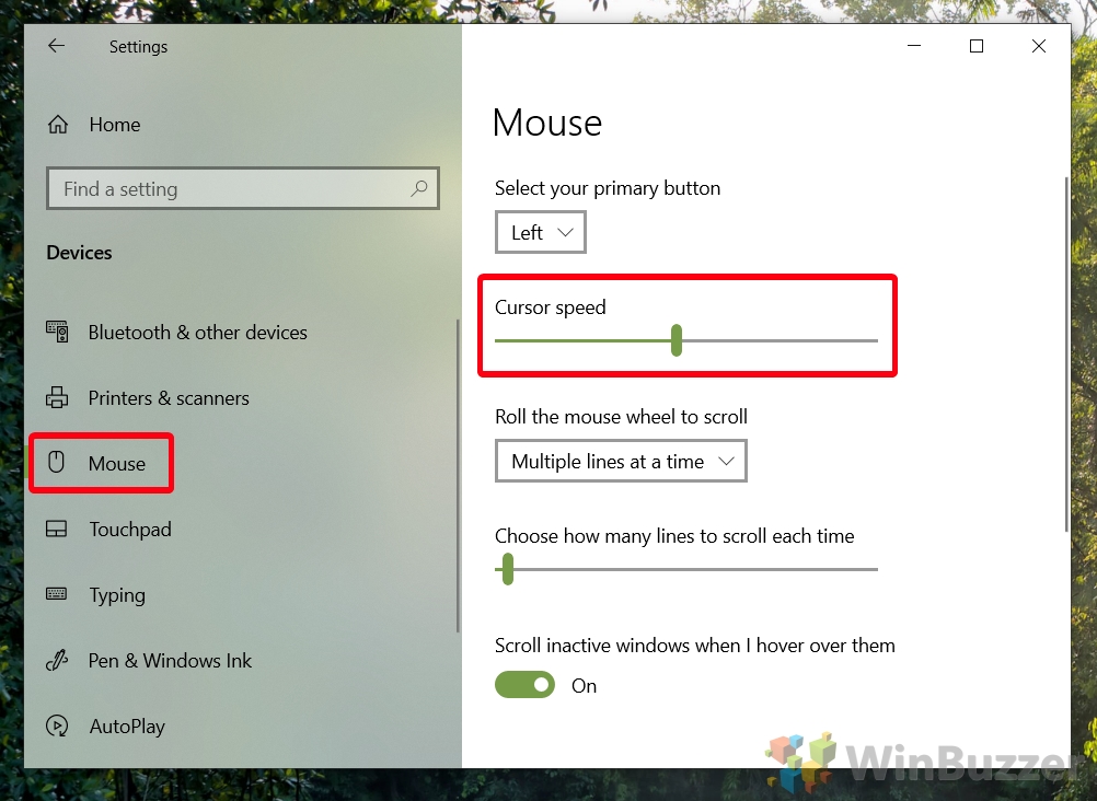 Windows 10 - Settings - Devices - Mouse - Cursor Speed