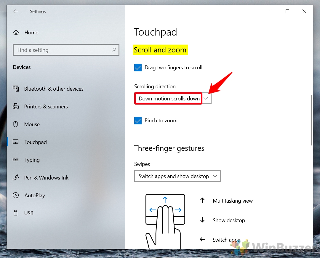 Windows 10 - Settings - Devices - Touchpad - Scrolls Down