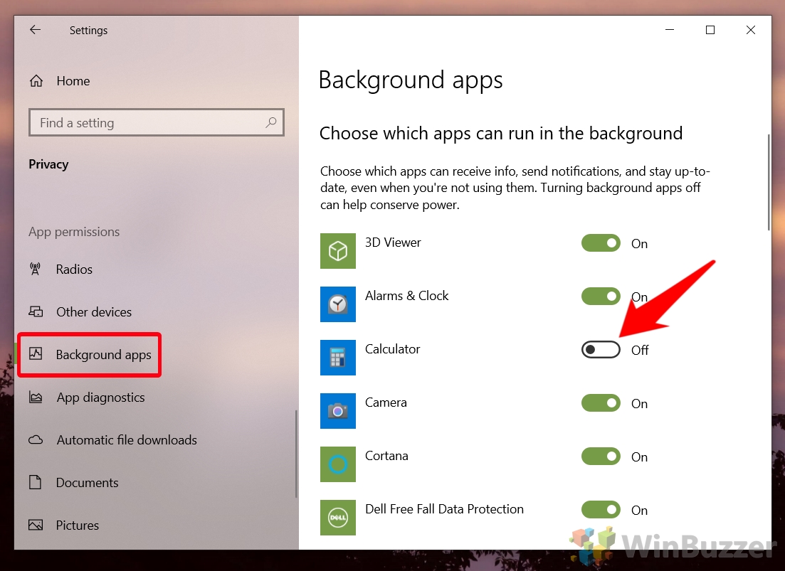 Windows 10 - Paramètres - Confidentialité - Applications d'arrière-plan - Désactiver l'application sélectionnée