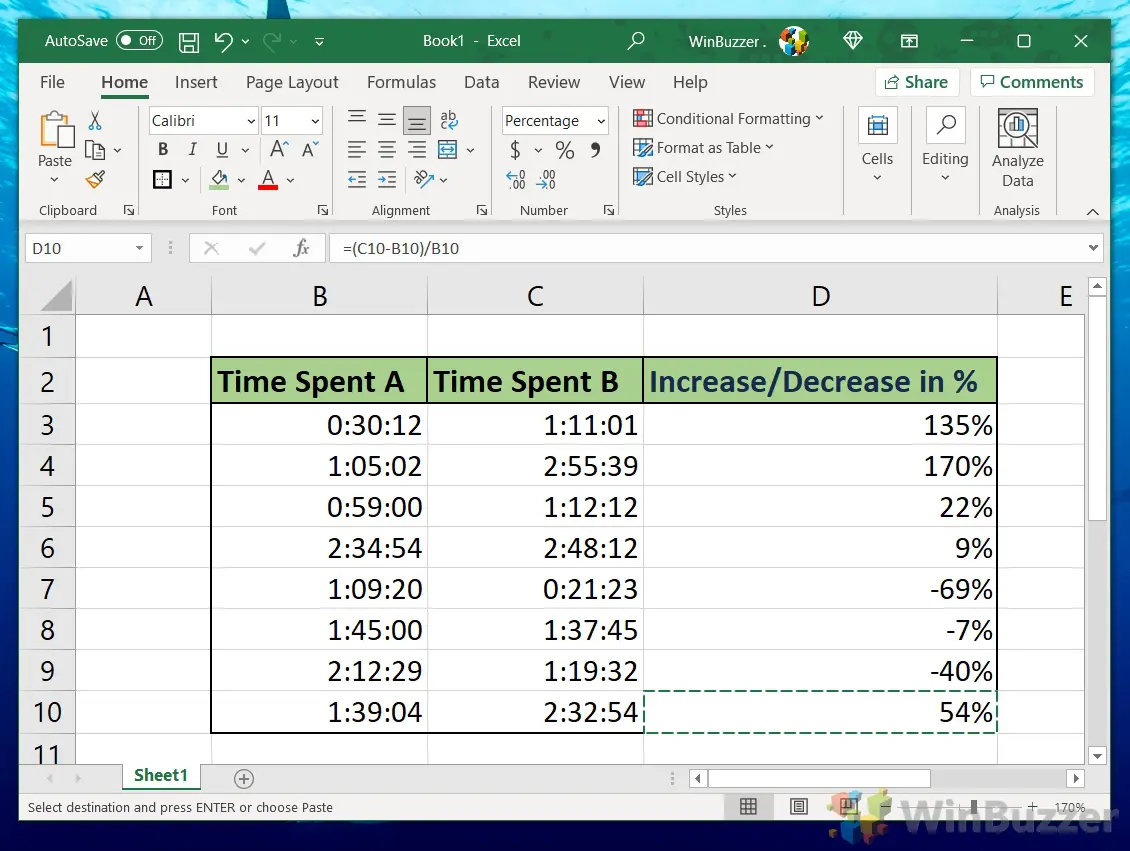 Windows 10 - Excel - Enter the Formula - Home - Numbers - Percentage - .00.0 - Result