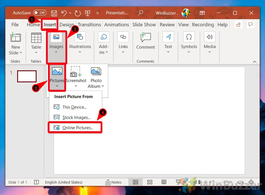 Windows 10 - PowerPoint - Insert - Images - Pictures - Online Pictures